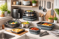 Compact cookware and bakeware set designed for micro-living spaces, featuring stackable pots, pans, and baking dishes in a small modern kitchen for tiny homes and apartments.
