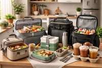 Food and beverage carrier set featuring insulated lunch bags, reusable food containers, bento boxes, drink carriers, and portable coolers designed for tiny homes, micro-apartments, small kitchens, and on-the-go meal storage