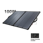 100W solar panel with a charge controller on a white background