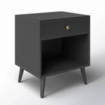 Mid-Century Farmhouse Nightstand Solid Wood Black Wood Finish 1-Drawer Storage Open Shelf 22.8" Heigh