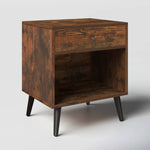 Mid-Century Farmhouse 1-Drawer Nightstand – Wood Bedside Table with Storage Shelf, Rustic Brown Finish