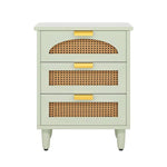 Retro Mid-Century Modern Wood Nightstand - Mint Green Finish - 3 Drawers with Rattan Accents and Gold Handles - 25.5" Height