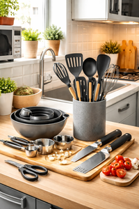 Kitchen tools and utensils set for micro-living spaces including tiny homes and small apartments, featuring knives, measuring cups, mixing bowls, and spatulas on a compact kitchen counter