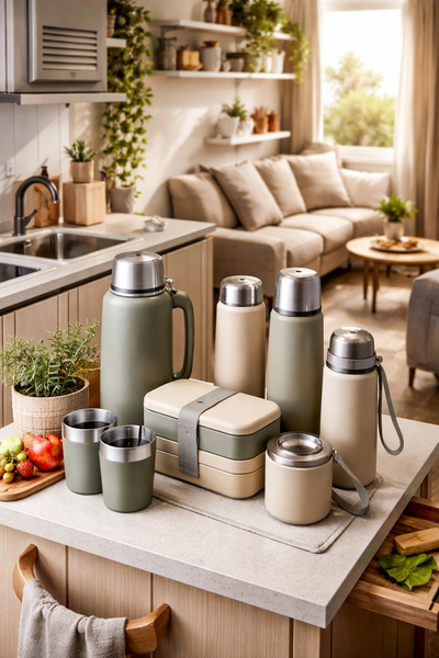 Insulated thermoses set displayed in a modern tiny home kitchen, featuring space-saving stainless steel thermos bottles and cups designed for micro-apartments and small living spaces
