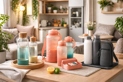 Space-saving water bottle sets displayed in a modern tiny home kitchen, featuring reusable glass and insulated bottles designed for micro-apartments and small living spaces