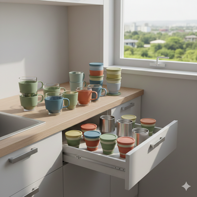 Space-saving stackable drinkware set displayed in a modern micro-apartment kitchen, featuring nesting colorful mugs on a compact countertop and a minimalist drawer organizer for small space living