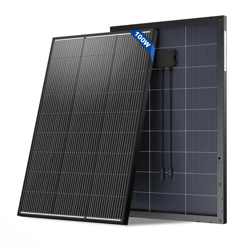 Solar panel with a label indicating 100W on a white background