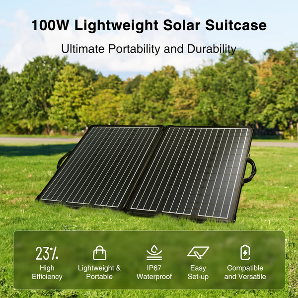 100W Lightweight Solar Suitcase on grass with trees in the background