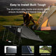 Camping setup with a solar panel and tent, emphasizing durability and ease of installation.