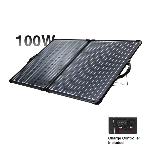 100W solar panel with a charge controller on a white background