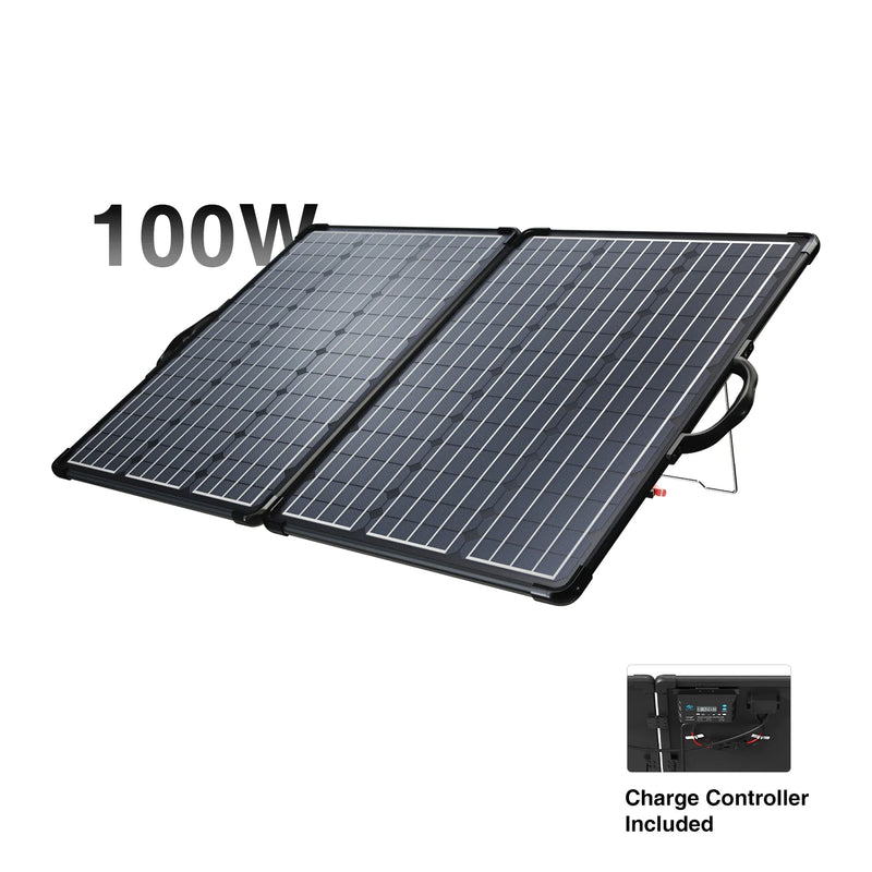 100W solar panel with a charge controller on a white background