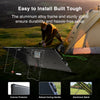 Camping setup with a solar panel and tent in a field, emphasizing durability and ease of installation.