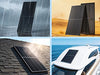 Solar panels on a roof, beach, and boat in a collage.