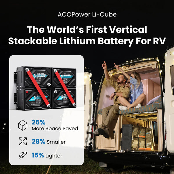 ACOPOWER Stackable Li-Cube 12.8V LiFePO4 Lithium RV and Van Deep Cycle Battery with Smart BMS Multiple Pack Sizes (1-6)