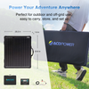 Solar panel with ACOPOWER branding, dimensions, and features highlighted on a grassy background.