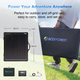 Solar panel with ACOPOWER branding, dimensions, and features highlighted on a grassy background.