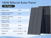 150W Bifacial Solar Panel with technical specifications on a blue background