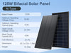 125W Bifacial Solar Panel with specifications on a blue background