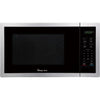 Stainless steel microwave oven with digital display on a white background