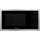 Stainless steel microwave oven with digital display on a white background