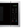 Close-up of a microwave oven with digital display and control panel.