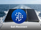 Solar panels on a boat with a salt-resistant logo and text.
