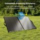 Solar panel on grass with efficiency text overlay