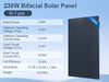 230W Bifacial Solar Panel with specifications on a blue background