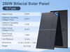250W Bifacial Solar Panel with technical specifications on a blue background