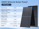 250W Bifacial Solar Panel with technical specifications on a blue background