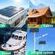Collage of RV, cabin, vessel, and off-grid system with solar panels.