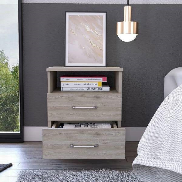 Hivvago Modern Nightstand Wood Beige Wood Finish 2-Drawer Storage Open Shelf All-Metal Railings 19.9" Height