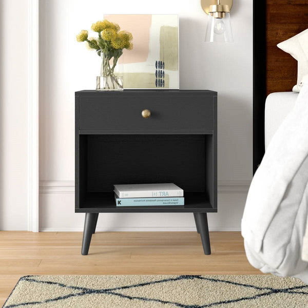Mid-Century Farmhouse Nightstand Solid Wood Black Wood Finish 1-Drawer Storage Open Shelf 22.8" Heigh