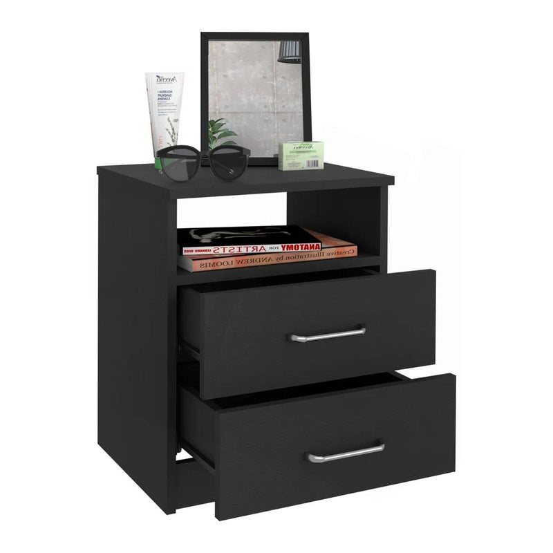 Hivvago Modern Nightstand Wood Black Wood Finish 2-Drawer Storage Open Shelf All-Metal Railings 19.9" Height