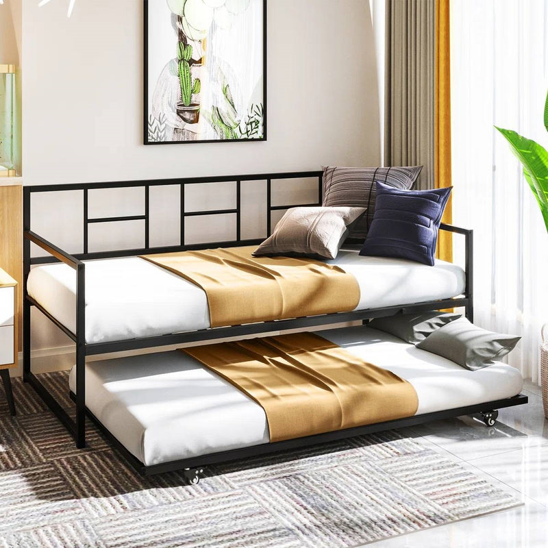 Twin Daybed with Roll-Out Trundle Metal Frame – Twin, Space-Saving Sofa Bed