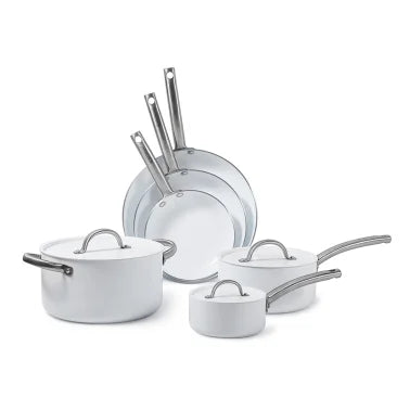 BLACK+DECKER, 9-Piece Pots & Pans, Ceramic White Aluminum Cookware Set, Non-Stick