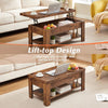 Wooden coffee table with lift-top design in a living room setting