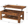 Wooden coffee table with lift-top feature and dimensions on a white background