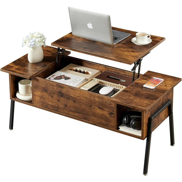 Wooden coffee table with lift-top design, laptop, and various items on a white background