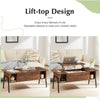 Wooden lift-top coffee table with adjustable desktop in a living room setting.