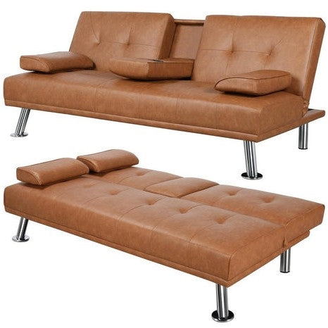 Brown Modern Faux Leather Convertible Futon Sofa Bed with Cup Holders