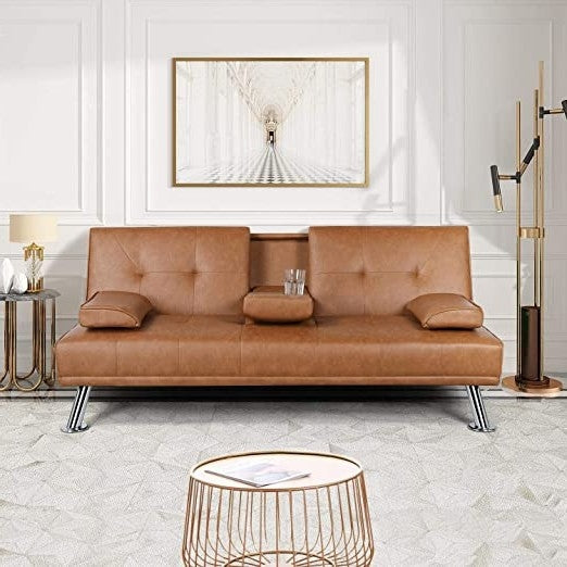 Brown Modern Faux Leather Convertible Futon Sofa Bed with Cup Holders