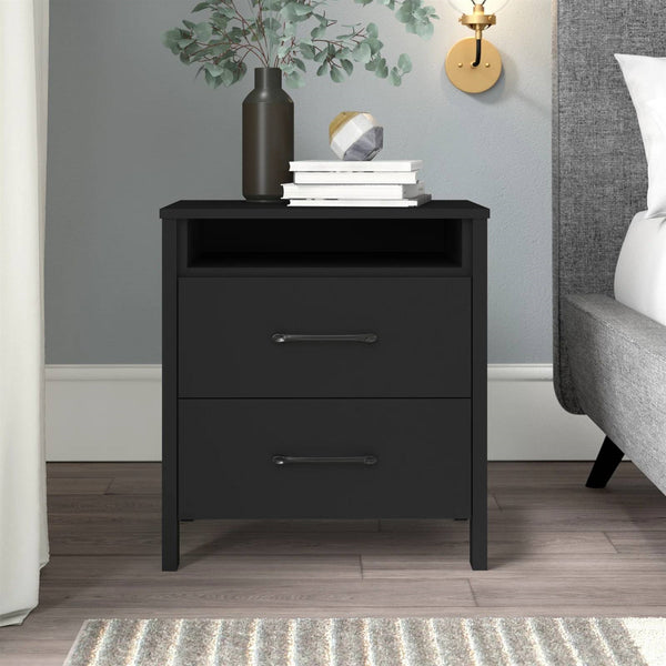 Modern Nightstand Wood Black Wood Finish 2-Drawer Storage Minimalist Tapered Legs 26" Height