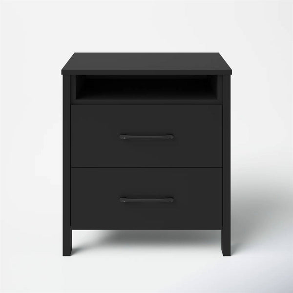 Modern Nightstand Wood Black Wood Finish 2-Drawer Storage Minimalist Tapered Legs 26" Height