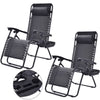 Two black zero-gravity chairs with a detailed view of the tray on a white background.