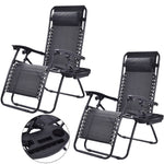 Two black zero-gravity chairs with a detailed view of the tray on a white background.