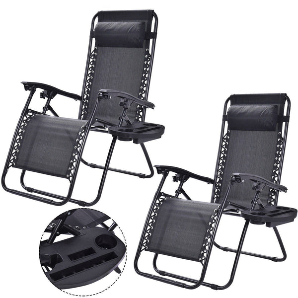 Two black zero-gravity chairs with a detailed view of the tray on a white background.