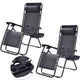 Two black zero-gravity chairs with a detailed view of the tray on a white background.