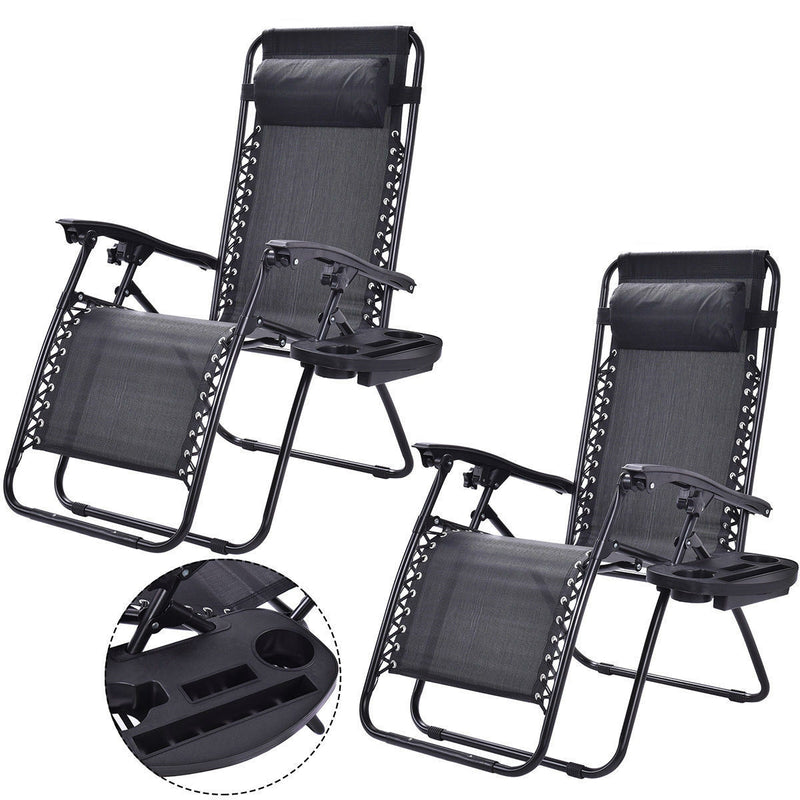 Two black zero-gravity chairs with a detailed view of the tray on a white background.