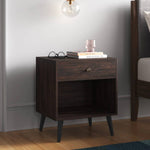 Mid-Century Modern Nightstand Wood Dark Brown 1-Drawer Storage Open Shelf 22.8" Height